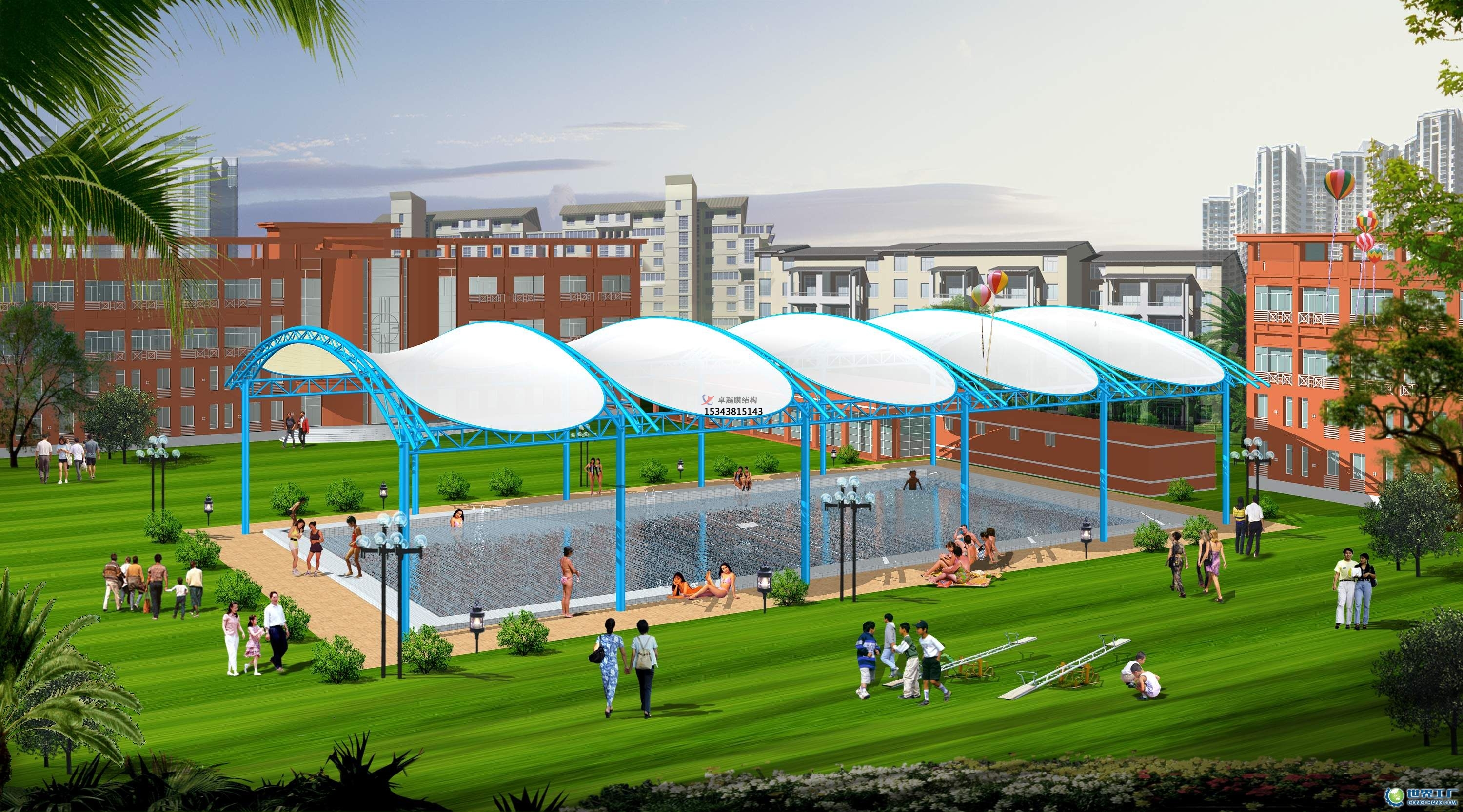 黃石膜結(jié)構(gòu)游樂場/<font color='red'>水上樂園</font>/造浪池/游泳池/兒童樂園遮陽棚廠家【膜結(jié)構(gòu)設(shè)計】